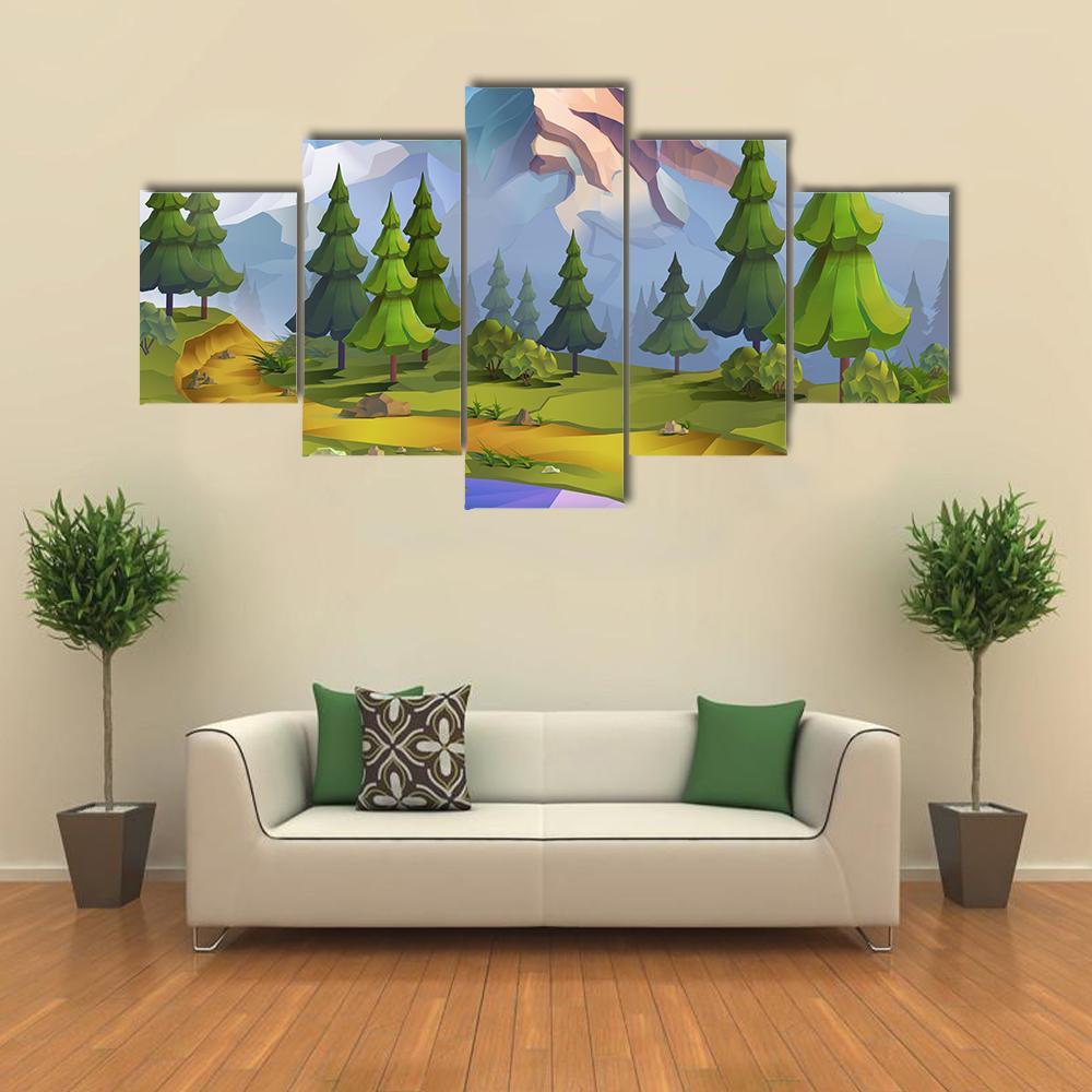 Nature Landscape Illustration Canvas Wall Art-5 Star-Gallery Wrap-62" x 32"-Tiaracle