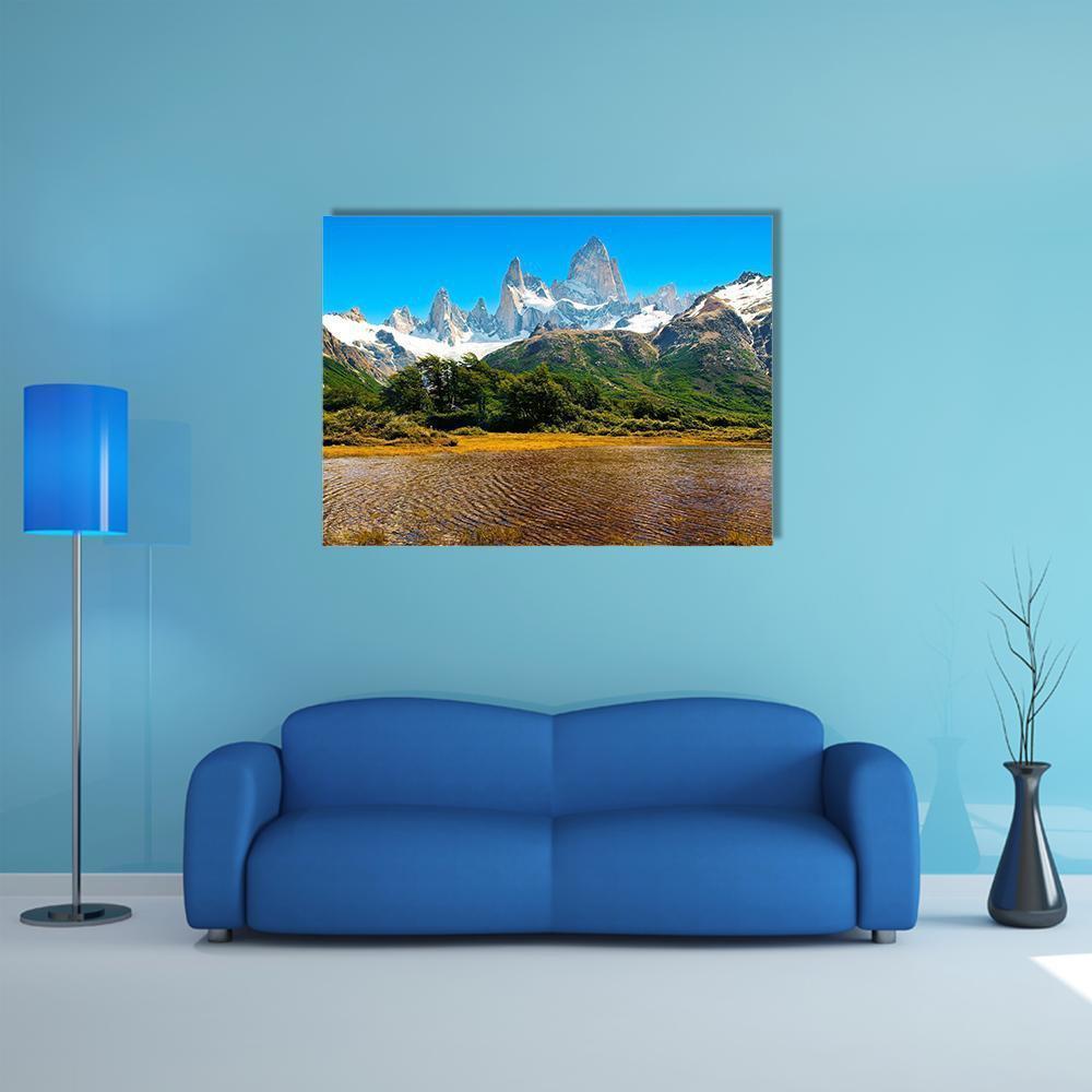 Lake in Los Glaciares Canvas Wall Art in white, brown and blue, single panel hung on a wall