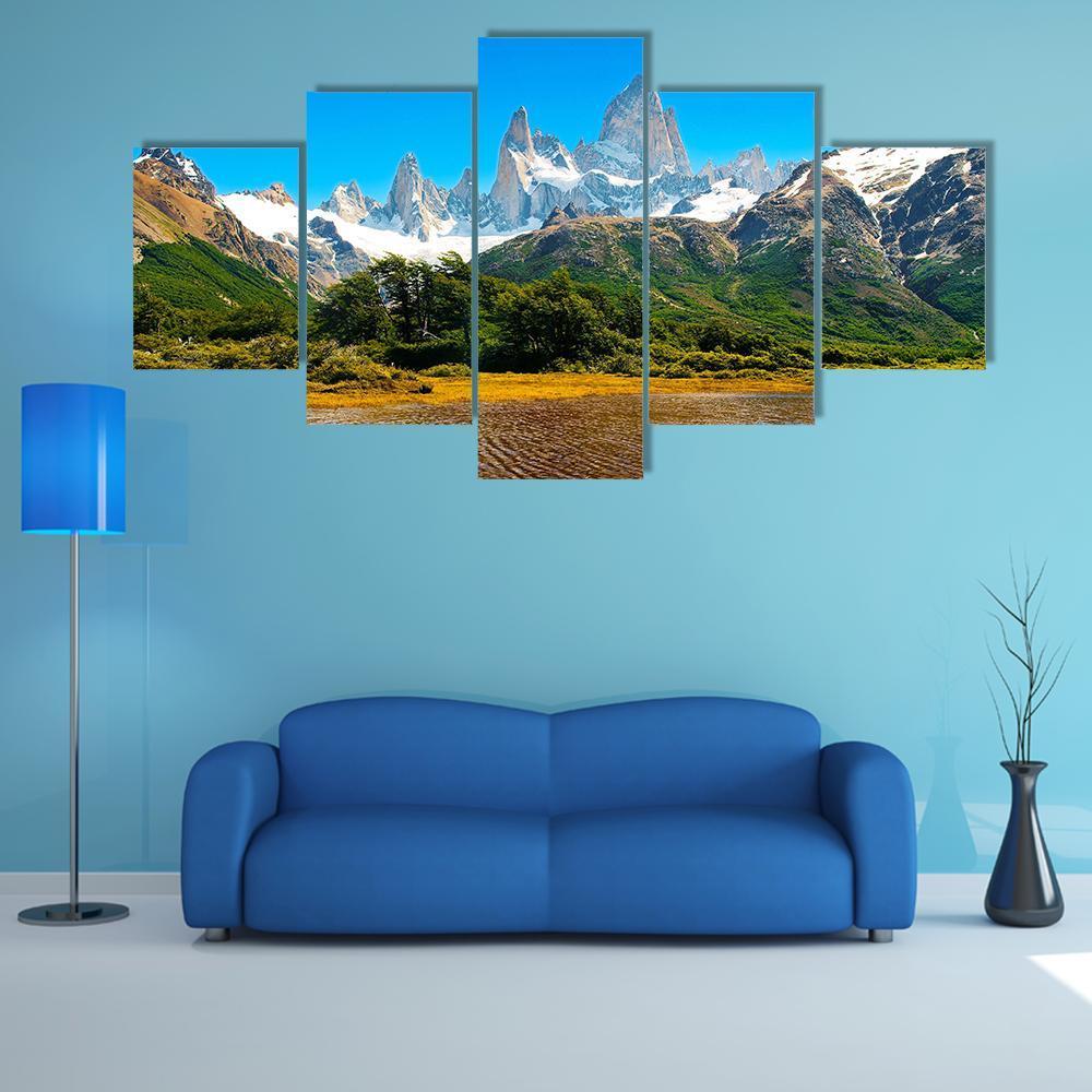 Lake in Los Glaciares Canvas Wall Art in white, brown and blue, 5 panel Star layout hung on a wall