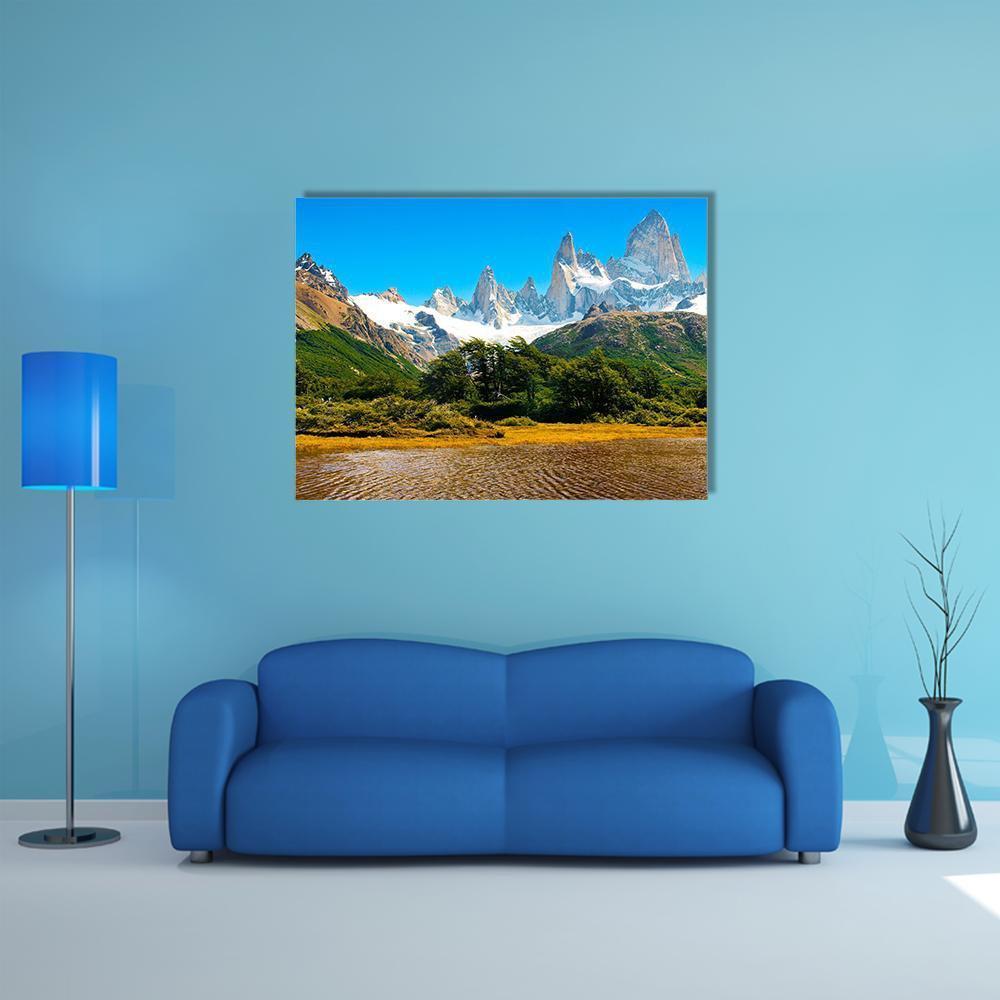 Los Glaciares Mountain Lake Scene Canvas Wall Art in white, brown and blue, single panel hung on a wall