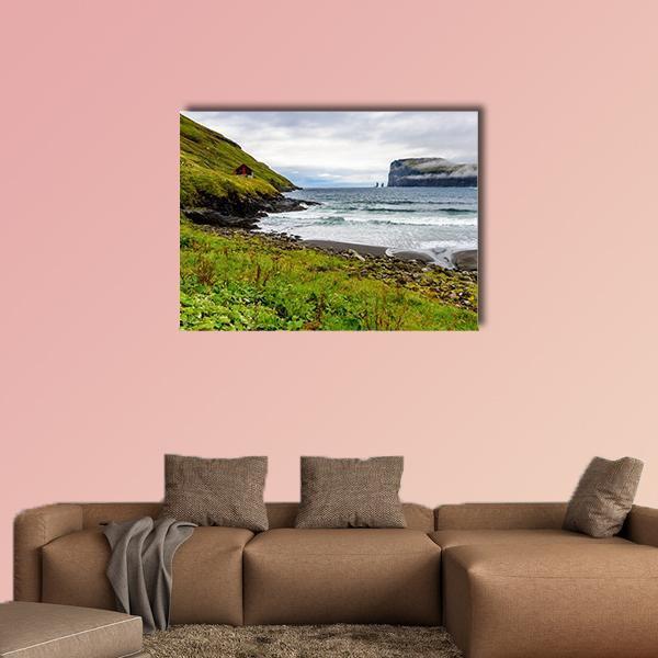 Eysturoy Coast with Red House on Green Hill Canvas Wall Art in gray, green and blue, single panel hung on a wall