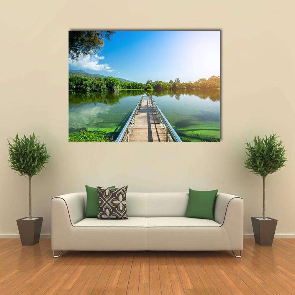 Jetty on Green Lake Canvas Wall Art in green and blue, single panel hung on a wall