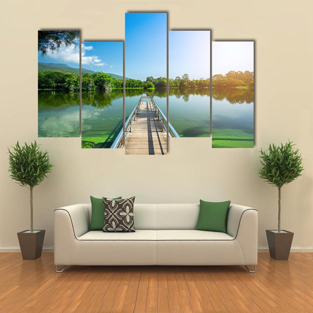 Jetty On Green Lake Canvas Wall Art-5 Pop-Gallery Wrap-47" x 32"-Tiaracle
