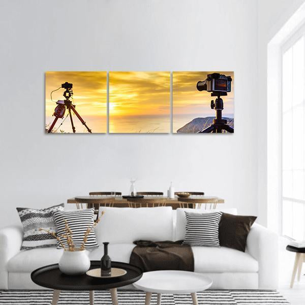 Photography Gear at Golden Hour Panoramic Canvas Wall Art in black, gold and yellow, hung on a wall