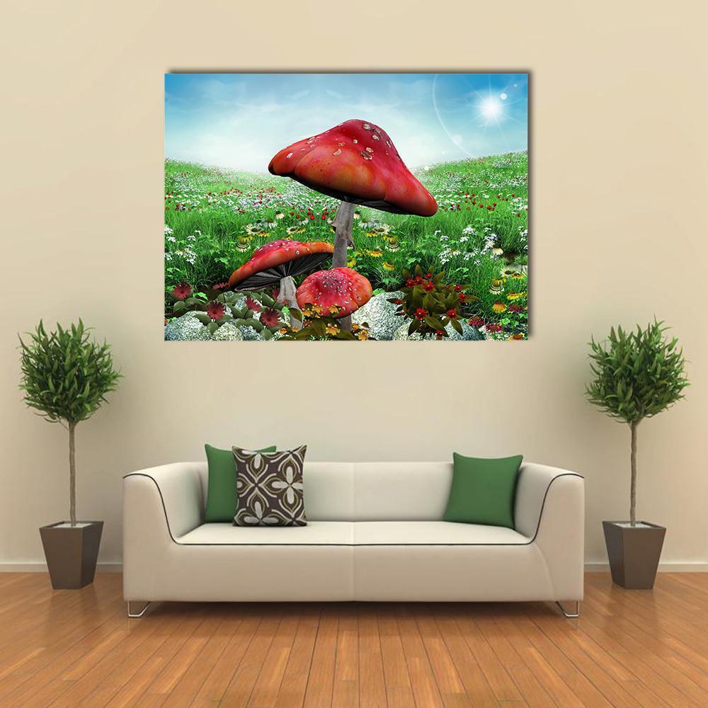 Giant Red Mushrooms in Flower Field Canvas Wall Art in red, green and blue, single panel hung on a wall