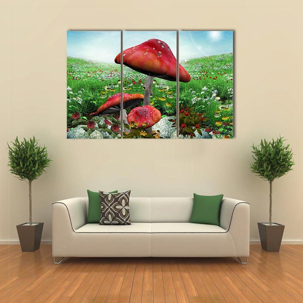 Three Red Mushrooms with Wildflowers Canvas Wall Art in red, green and blue, 3 panel horizontal set hung on a wall