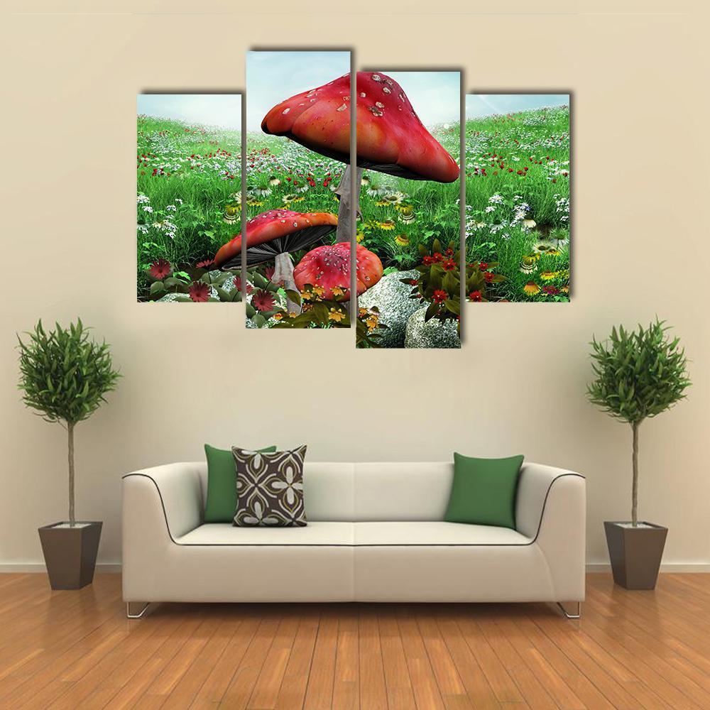 Mushrooms With Flowers Canvas Wall Art-4 Pop-Gallery Wrap-50" x 32"-Tiaracle