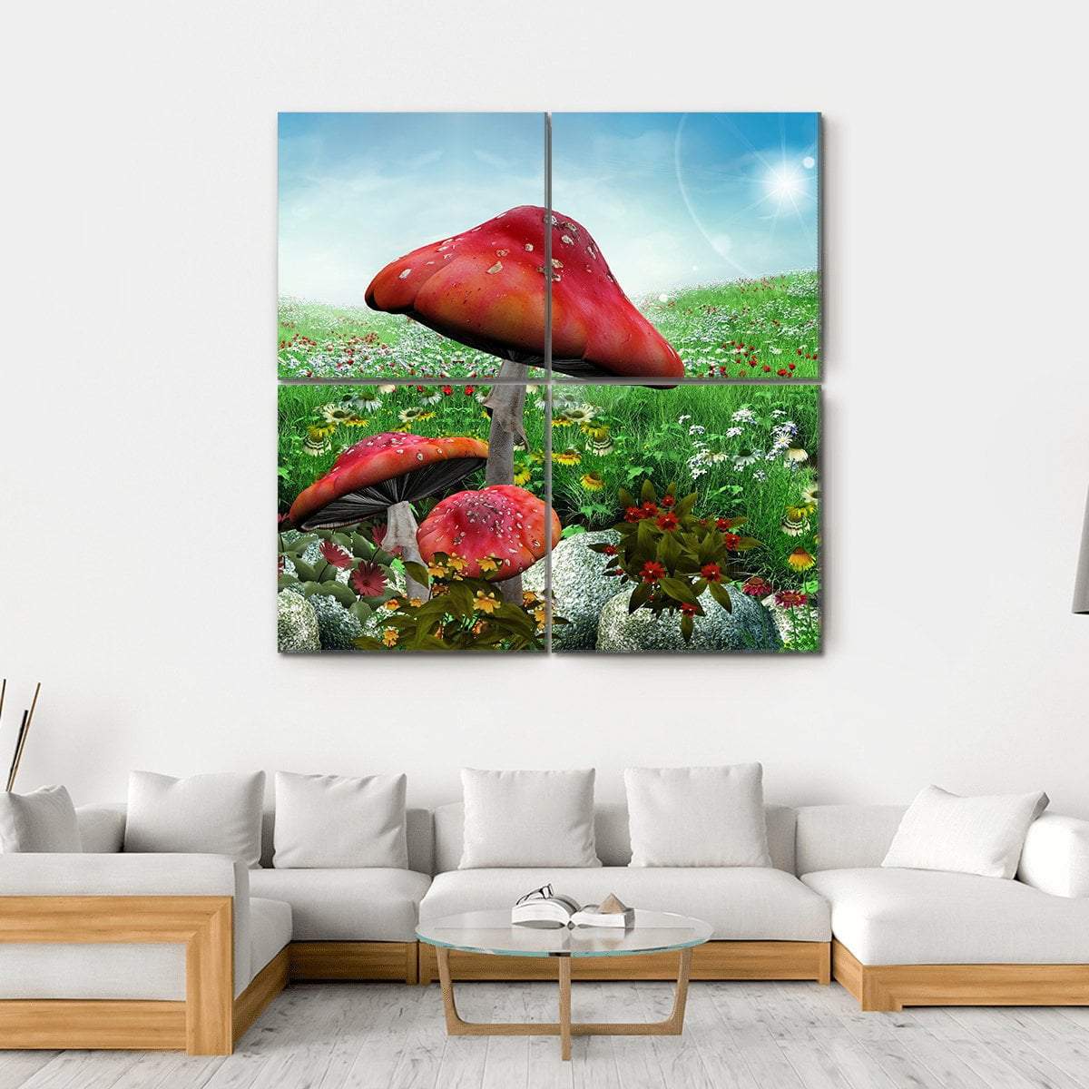 Mushrooms With Flowers Canvas Wall Art-4 Square-Gallery Wrap-17" x 17"-Tiaracle