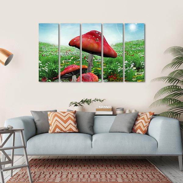 Mushrooms With Flowers Canvas Wall Art-5 Horizontal-Gallery Wrap-22" x 12"-Tiaracle