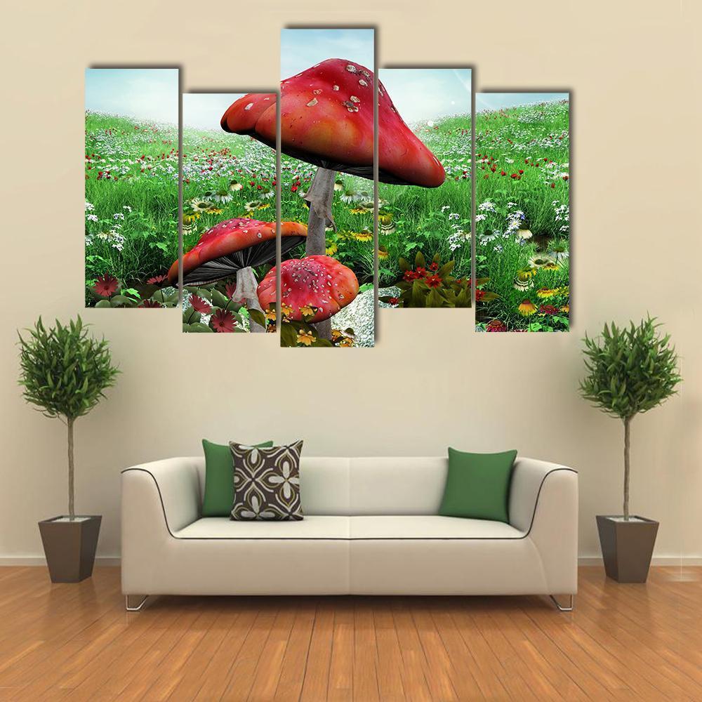 Mushrooms With Flowers Canvas Wall Art-5 Pop-Gallery Wrap-47" x 32"-Tiaracle