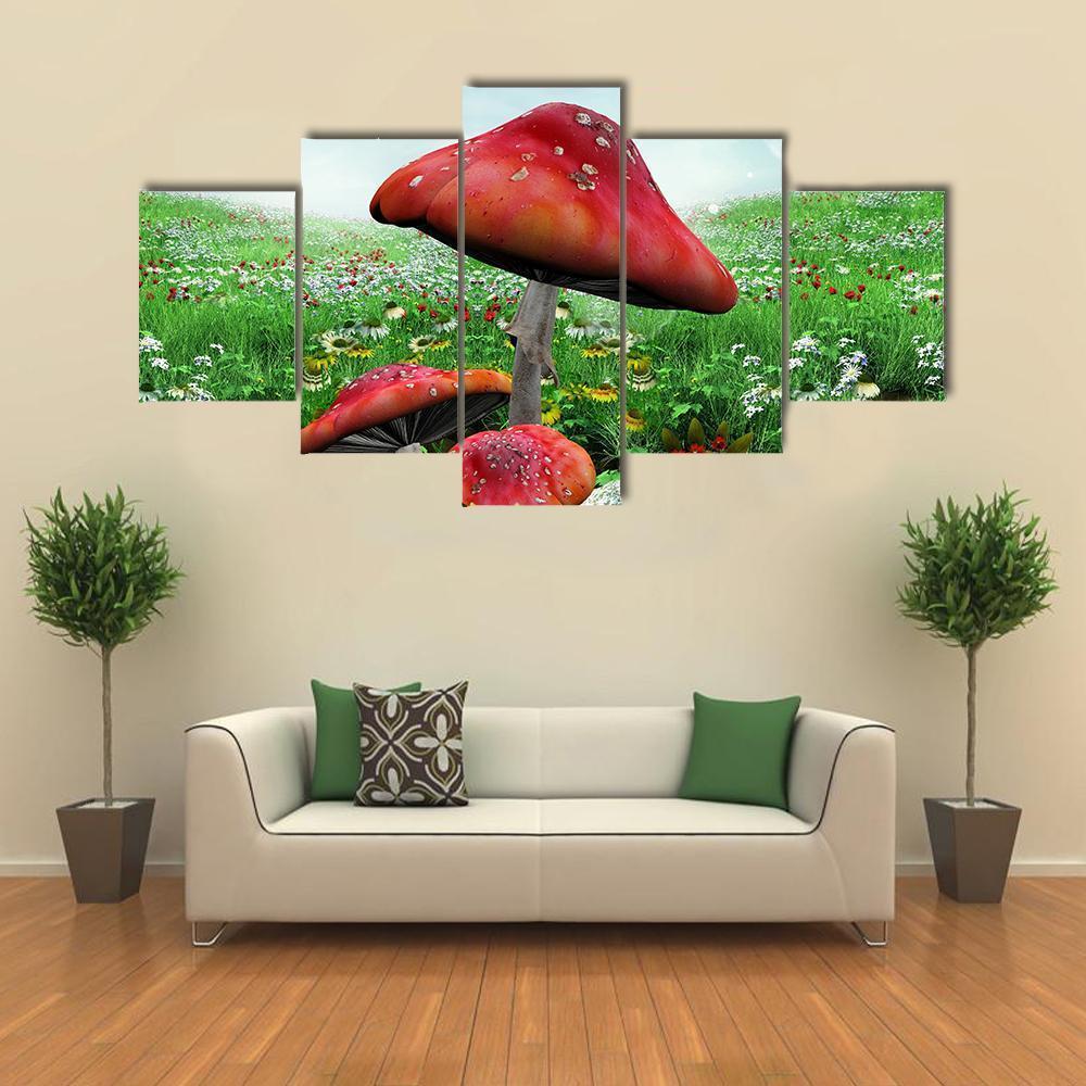 Mushrooms With Flowers Canvas Wall Art-5 Star-Gallery Wrap-62" x 32"-Tiaracle