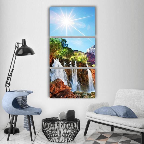 Waterfall With Sunlight Vertical Canvas Wall Art-3 Vertical-Gallery Wrap-12" x 25"-Tiaracle