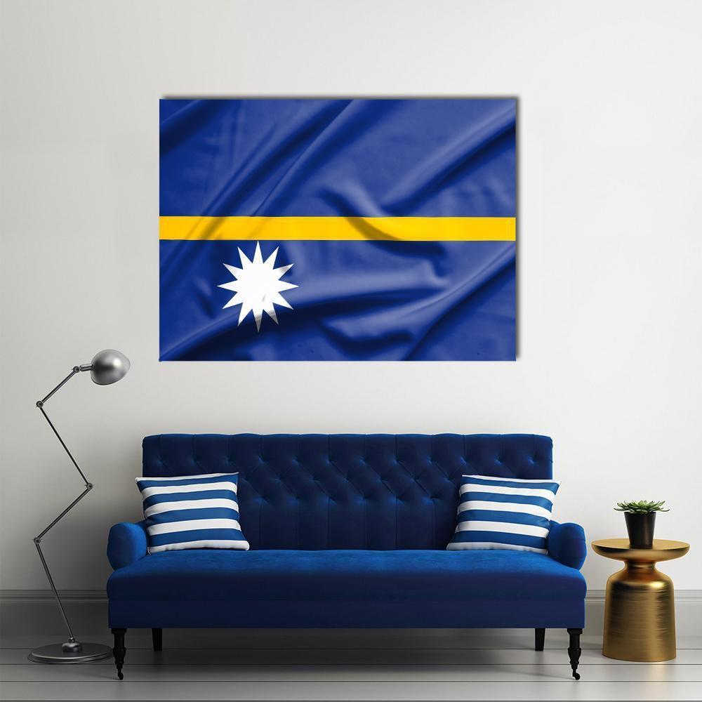 Nauru Flag with Waving Texture Canvas Wall Art in white, yellow and blue, single panel hung on a wall