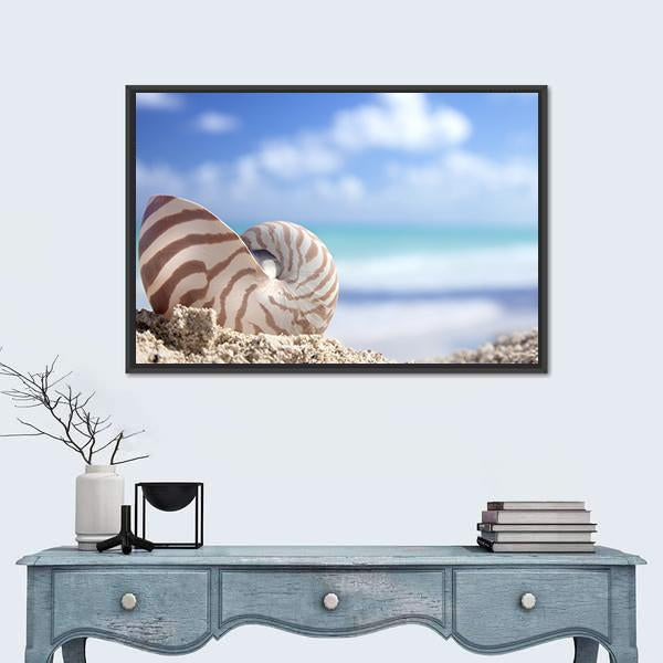 Nautilus Shell On Beach Canvas Wall Art-1 Piece-Floating Frame-24" x 16"-Tiaracle