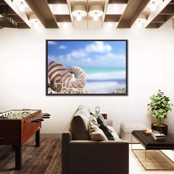 Nautilus Shell On Beach Canvas Wall Art-3 Horizontal-Gallery Wrap-25" x 16"-Tiaracle