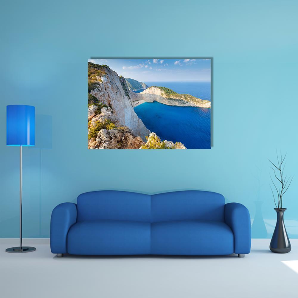 Navagio Beach, Zakynthos Greece Canvas Wall Art in white, beige and blue, single panel hung on a wall