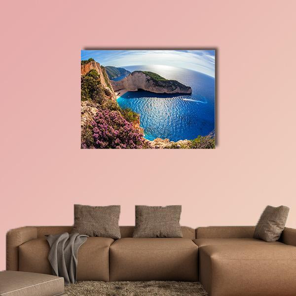Navagio Beach Turquoise Bay, Zakynthos Canvas Wall Art in brown and blue, single panel hung on a wall