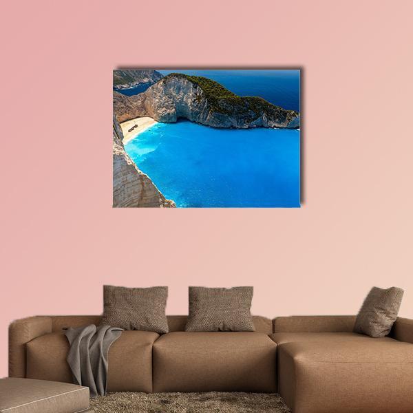 Navagio Beach Shipwreck Aerial View Canvas Wall Art in white, beige and blue, single panel hung on a wall