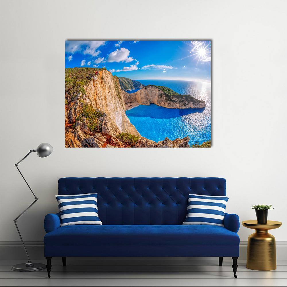 Navagio Shipwreck Beach, Greece Canvas Wall Art in white, beige and blue, single panel hung on a wall
