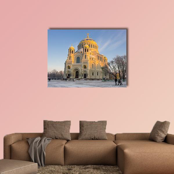 Naval Cathedral in Russia Canvas Wall Art in white, gold and blue, single panel hung on a wall