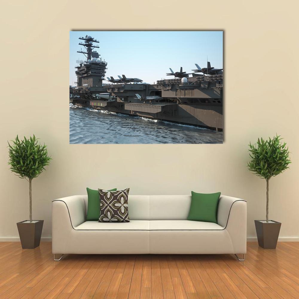 Navy Aircraft Carrier at Sea Canvas Wall Art in gray and blue, single panel hung on a wall