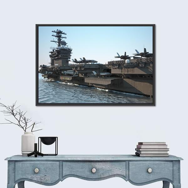 Navy Aircraft Carrier at Sea Canvas Wall Art in gray and blue, framed canvas, product view on a white background
