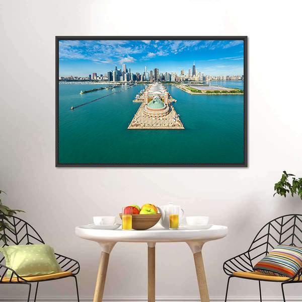 Navy Pier Aerial View Canvas Wall Art-1 Piece-Floating Frame-24" x 16"-Tiaracle