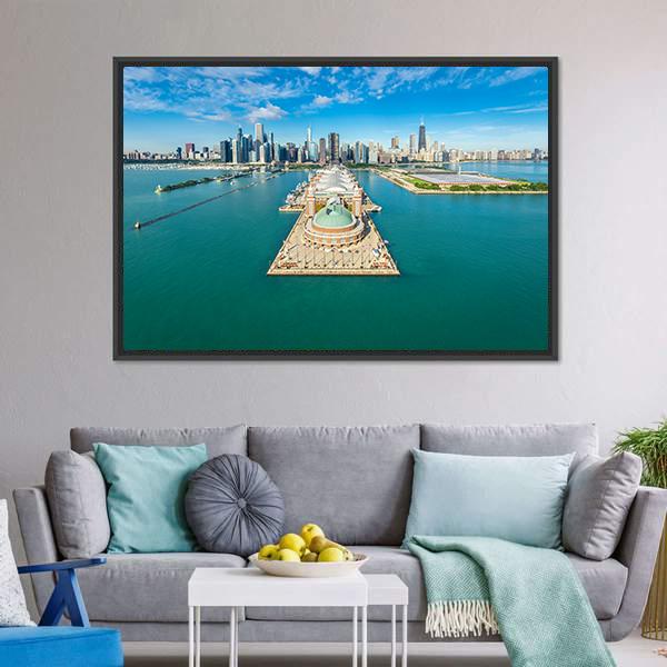 Navy Pier Aerial View Panoramic Canvas Wall Art-1 Piece-36" x 12"-Tiaracle