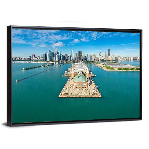 Navy Pier Aerial View Panoramic Canvas Wall Art-1 Piece-36" x 12"-Tiaracle