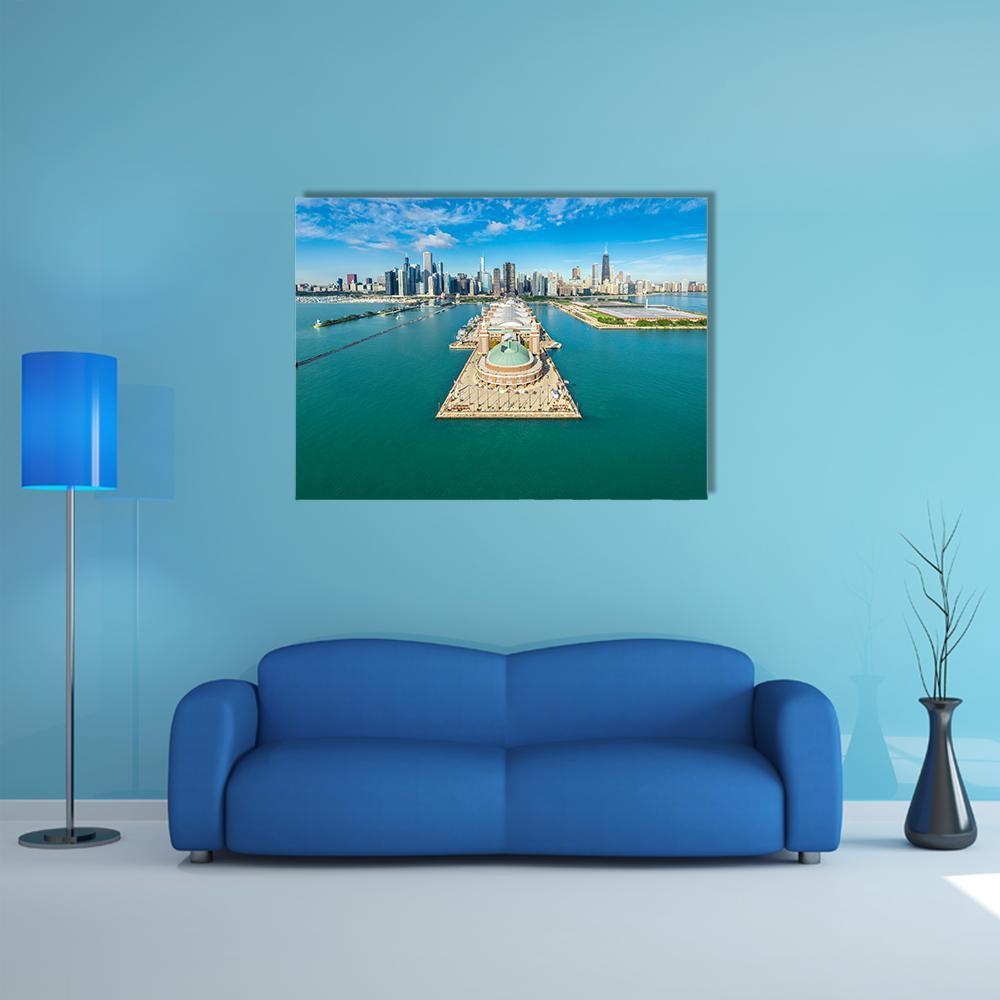 Navy Pier Aerial View Canvas Wall Art in green and blue, single panel hung on a wall