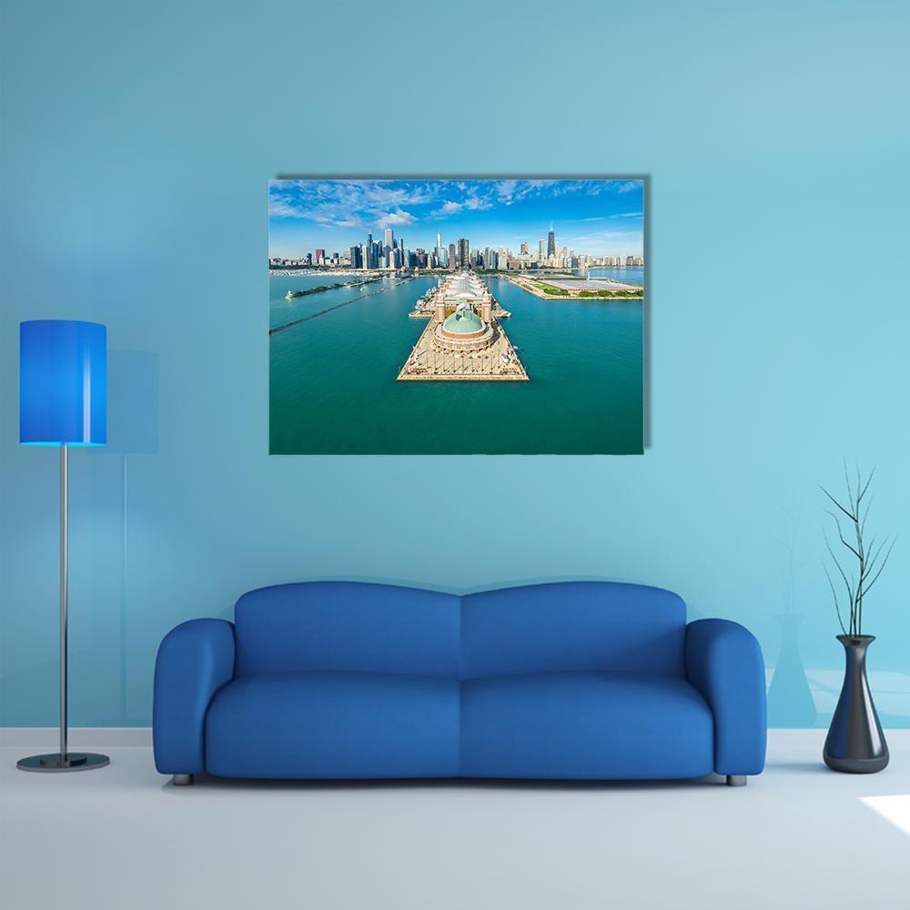 Navy Pier Aerial View Canvas Wall Art-4 Horizontal-Gallery Wrap-34" x 24"-Tiaracle