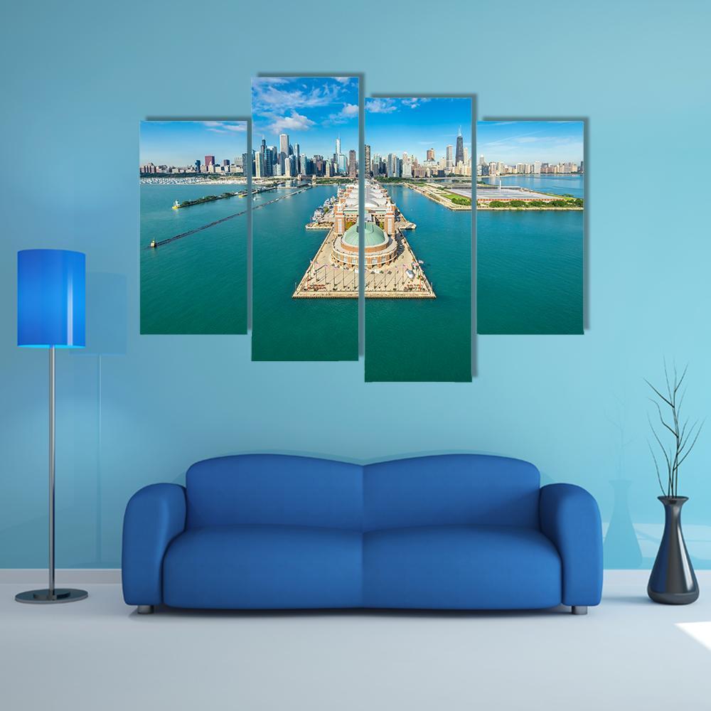 Navy Pier Aerial View Canvas Wall Art-4 Pop-Gallery Wrap-50" x 32"-Tiaracle