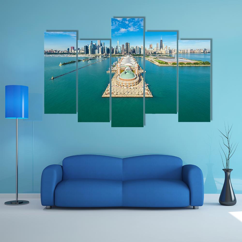 Navy Pier Aerial View Canvas Wall Art-5 Pop-Gallery Wrap-47" x 32"-Tiaracle