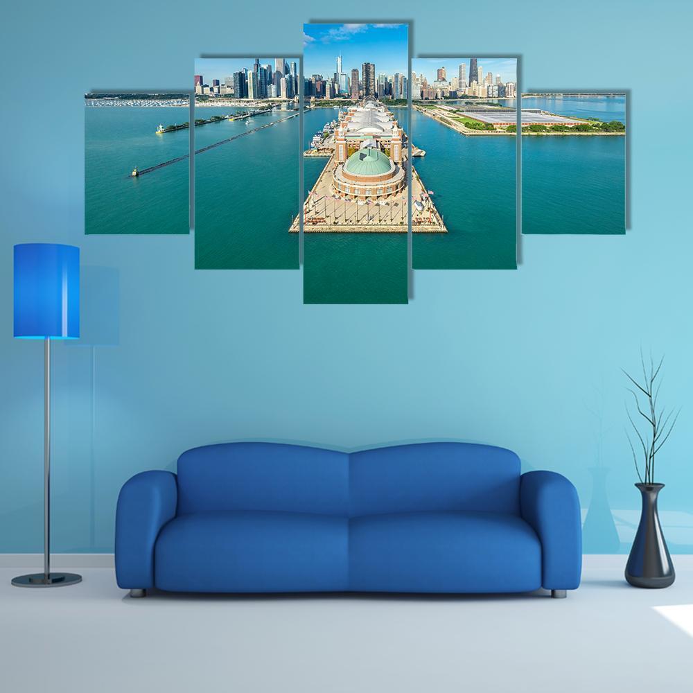 Navy Pier Aerial View Canvas Wall Art-5 Star-Gallery Wrap-62" x 32"-Tiaracle
