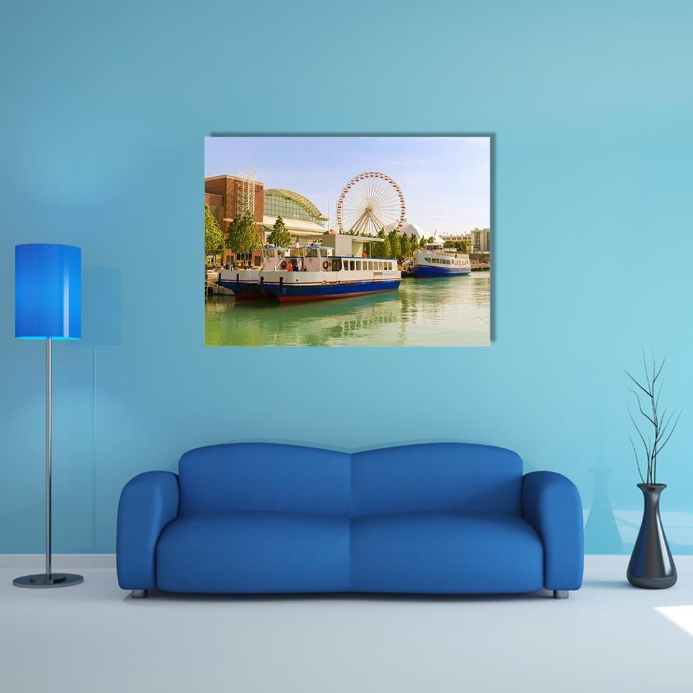 Navy Pier Ferris Wheel, Chicago Canvas Wall Art in white, green and blue, single panel hung on a wall