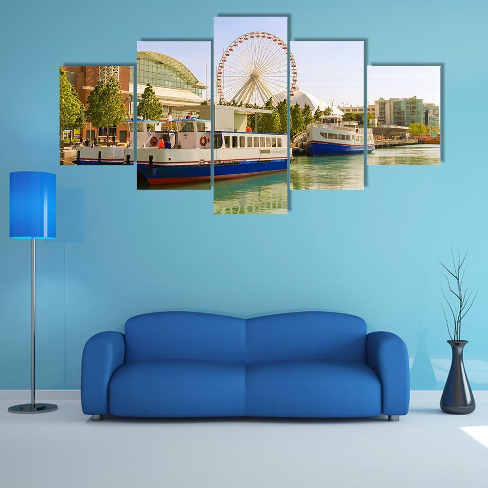 Navy Pier Chicago Canvas Wall Art-5 Star-Gallery Wrap-62" x 32"-Tiaracle