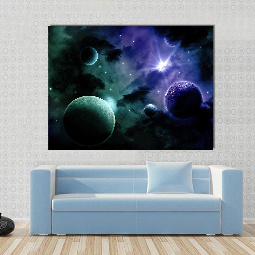 Nebula &amp; Fictional Planets Canvas Wall Art in black, blue and purple, single panel hung on a wall