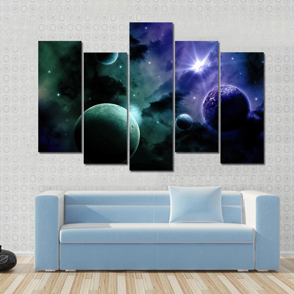 Nebula & Fictional Planets Canvas Wall Art-5 Pop-Gallery Wrap-47" x 32"-Tiaracle