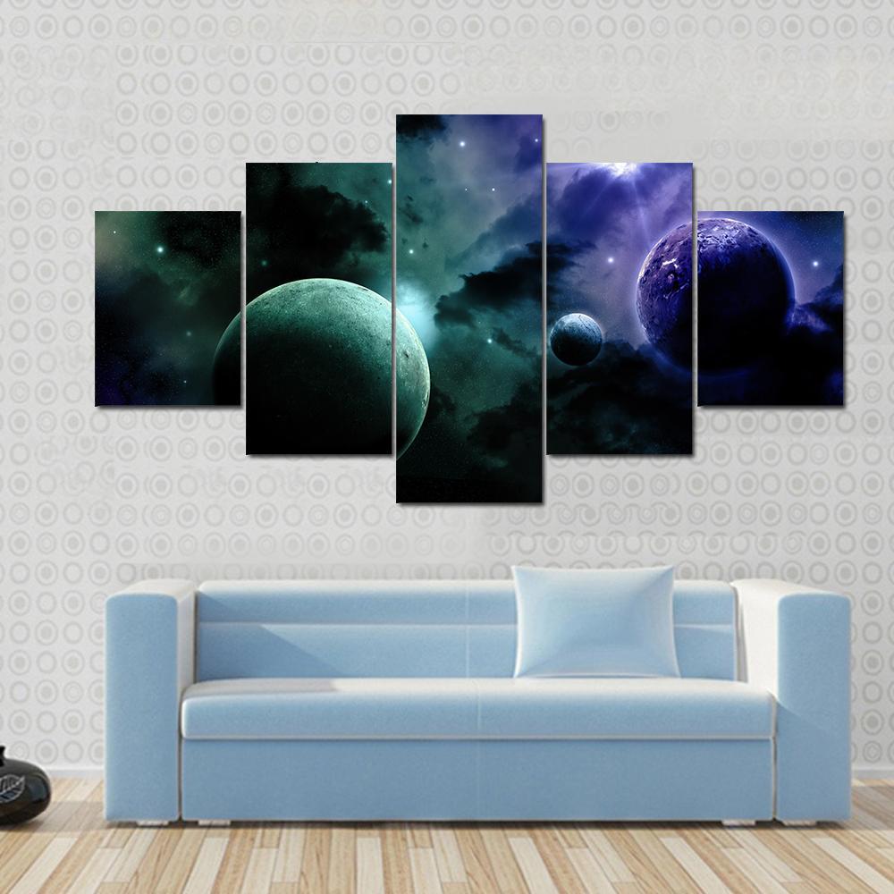 Nebula & Fictional Planets Canvas Wall Art-5 Star-Gallery Wrap-62" x 32"-Tiaracle