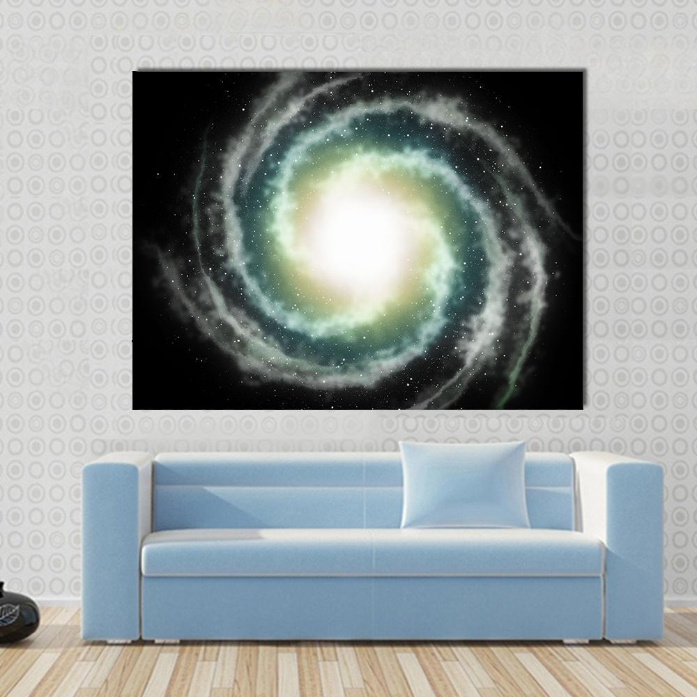 Nebula in Sky Canvas Wall Art in black, white and green, single panel hung on a wall