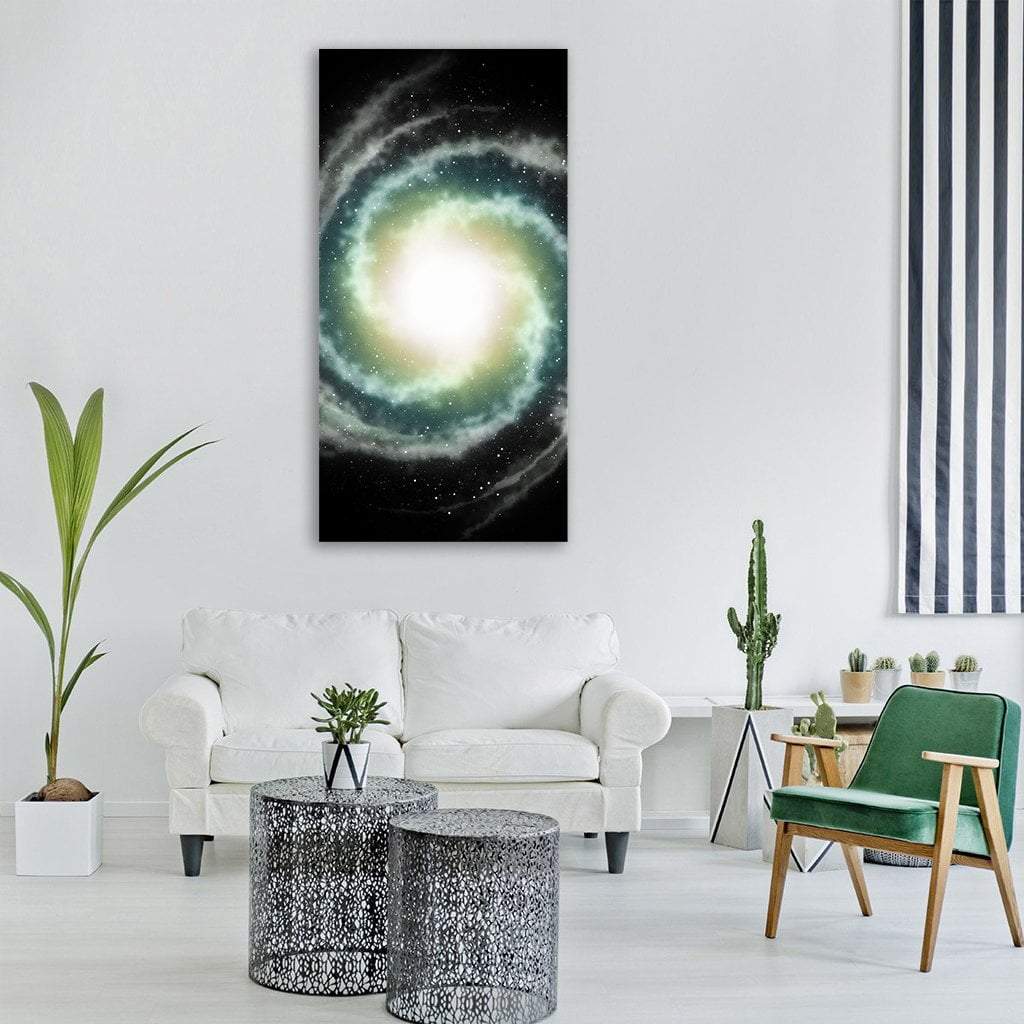 Emerald Spiral Galaxy Nebula Vertical Canvas Wall Art in black, white and green, single vertical panel hung on a wall
