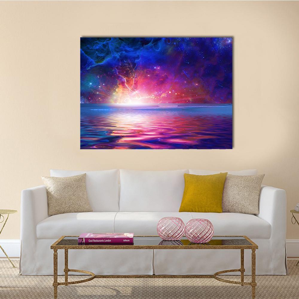 Nebula Over an Alien Planet Canvas Wall Art in blue, purple and pink, single panel hung on a wall