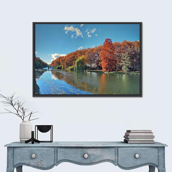 Neckar River In Autumn Canvas Wall Art-1 Piece-Floating Frame-24" x 16"-Tiaracle