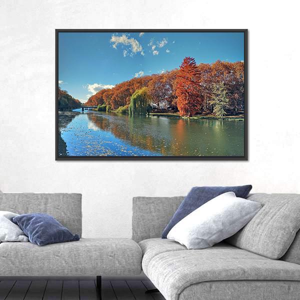 Neckar River In Autumn Canvas Wall Art-3 Horizontal-Gallery Wrap-25" x 16"-Tiaracle