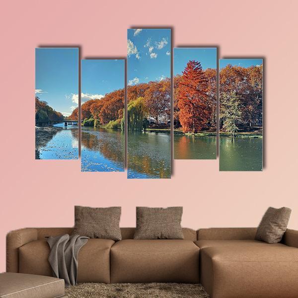 Neckar River In Autumn Canvas Wall Art-4 Pop-Gallery Wrap-50" x 32"-Tiaracle