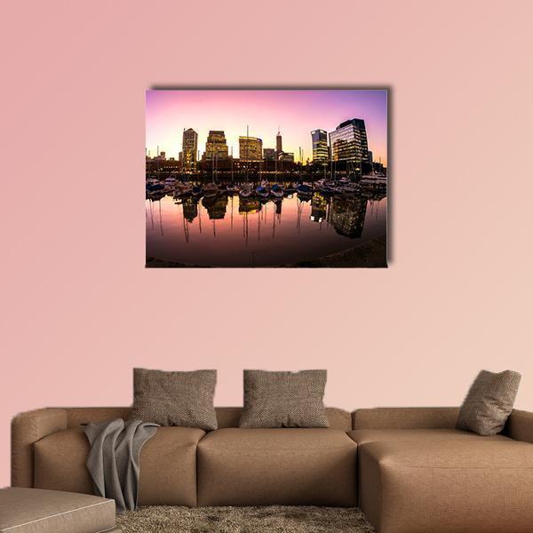 Puerto Madero Harbor at Sunset Canvas Wall Art in black, purple and pink, single panel hung on a wall
