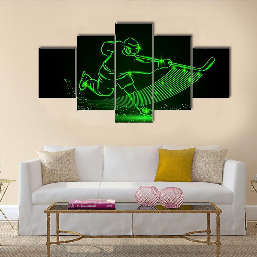 Neon Hockey Player Canvas Wall Art-5 Star-Gallery Wrap-62" x 32"-Tiaracle