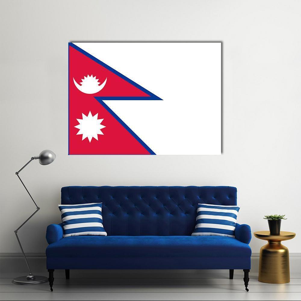 Nepal Flag Canvas Wall Art in white, red and blue, single panel hung on a wall