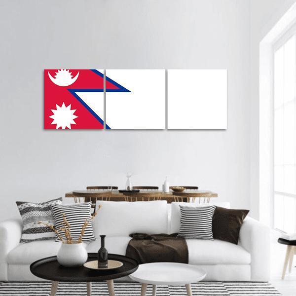 Minimalist Nepal Flag Panoramic Canvas Wall Art in white, red and blue, hung on a wall