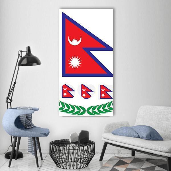 Flag of Nepal Vertical Canvas Wall Art in white, red and blue, single vertical panel hung on a wall